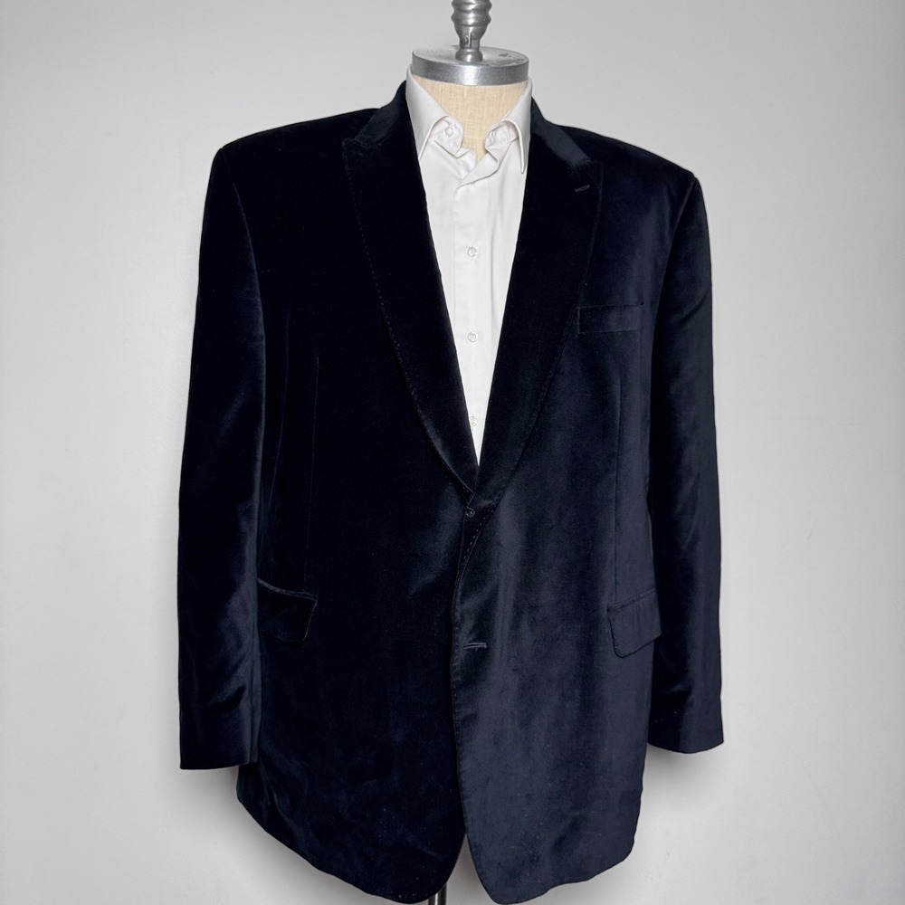 Sean John Blazer Mens 44L Black Solid Velvet Two-Button Notched Lapel 16B